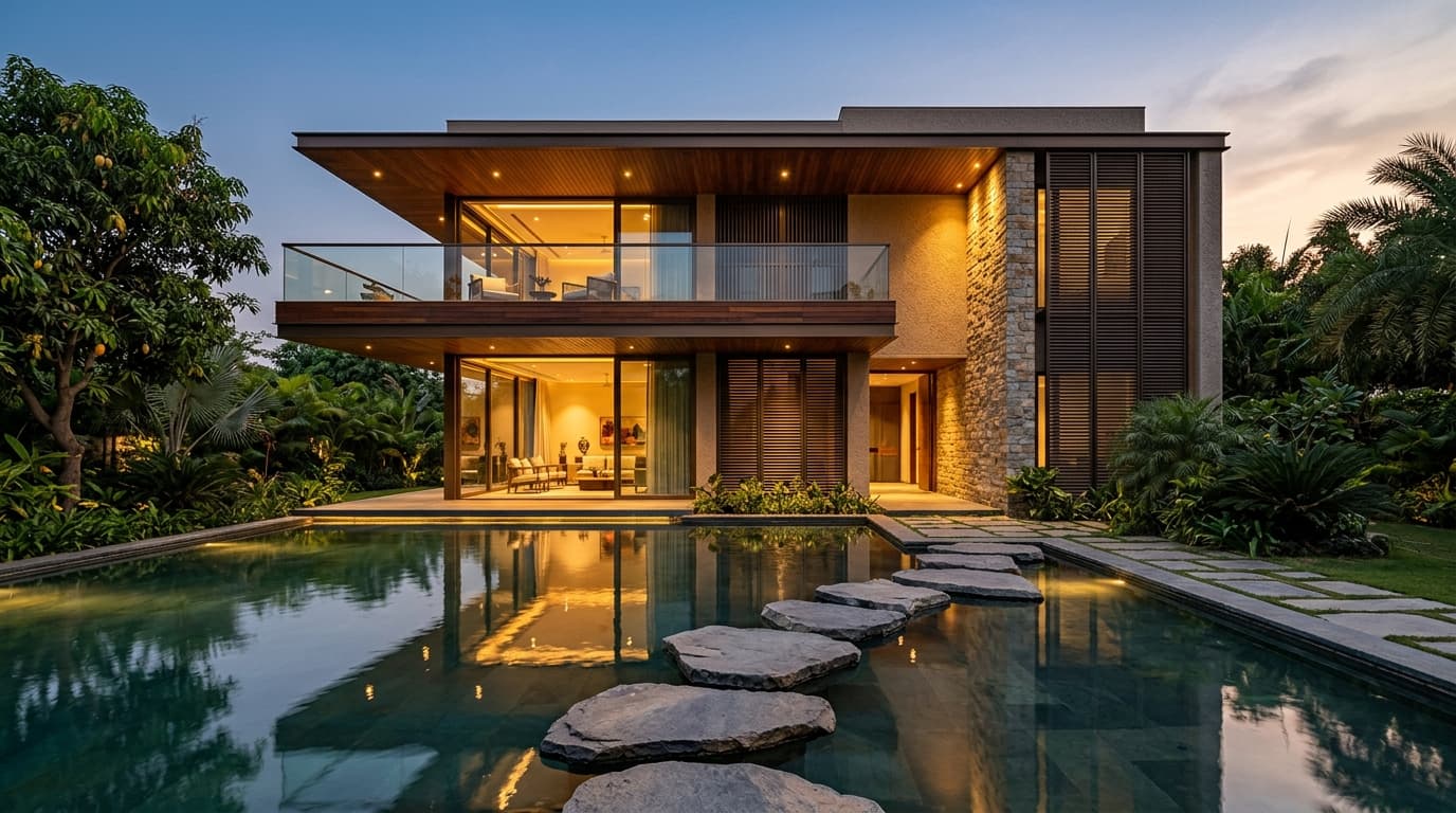 Cantilevered terrace lounge, reflecting infinity pool and bronze louvers at twilight - Swastik Home Lucknow