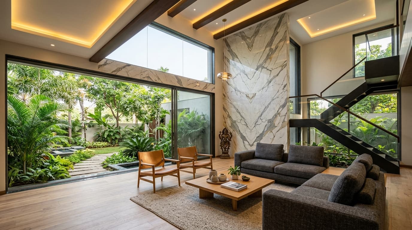 Double-height luxury living room with Italian Statuario marble and courtyard view - Swastik Home Lucknow