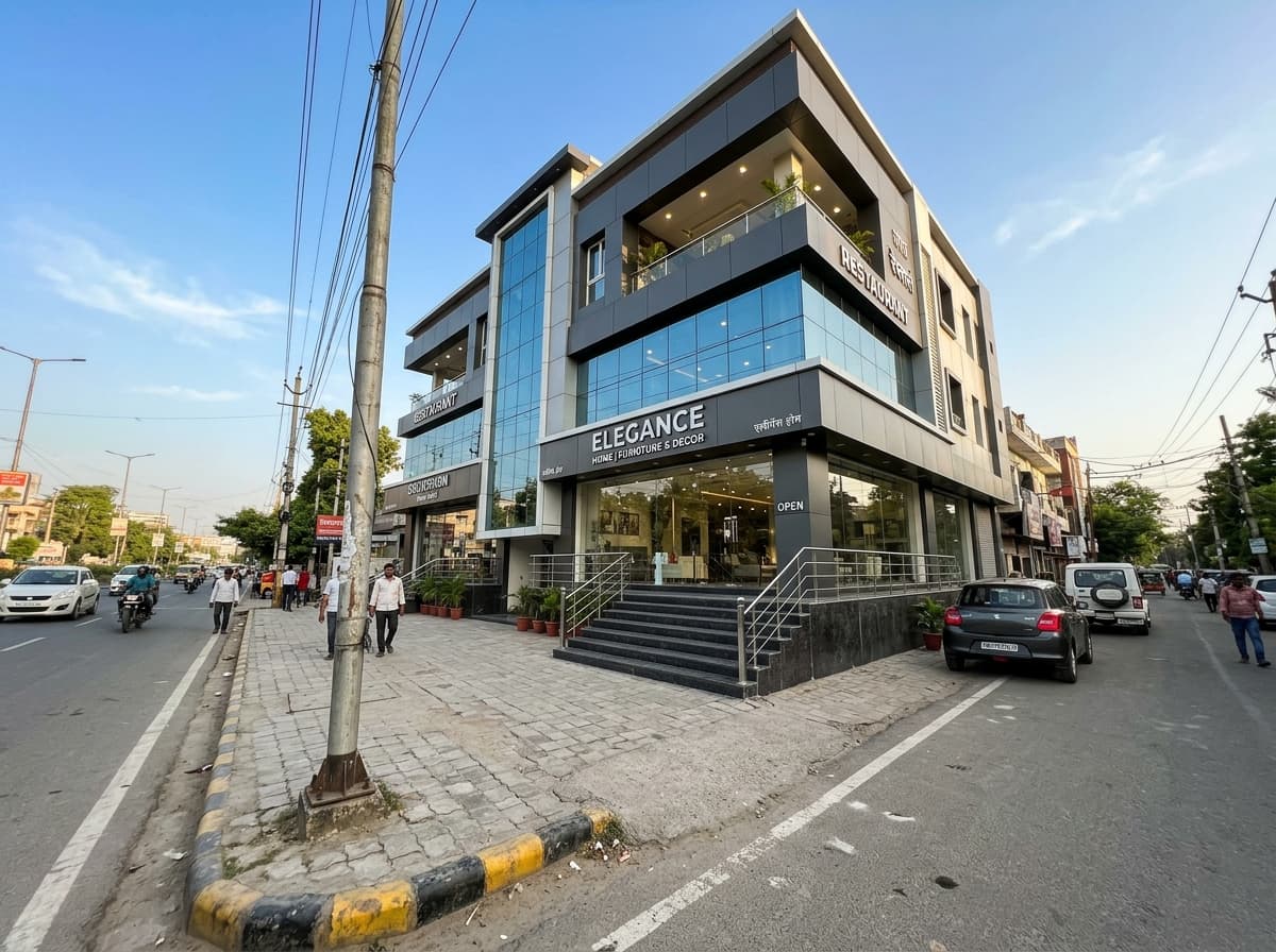 Illustrative commercial building exterior for restaurant project planning